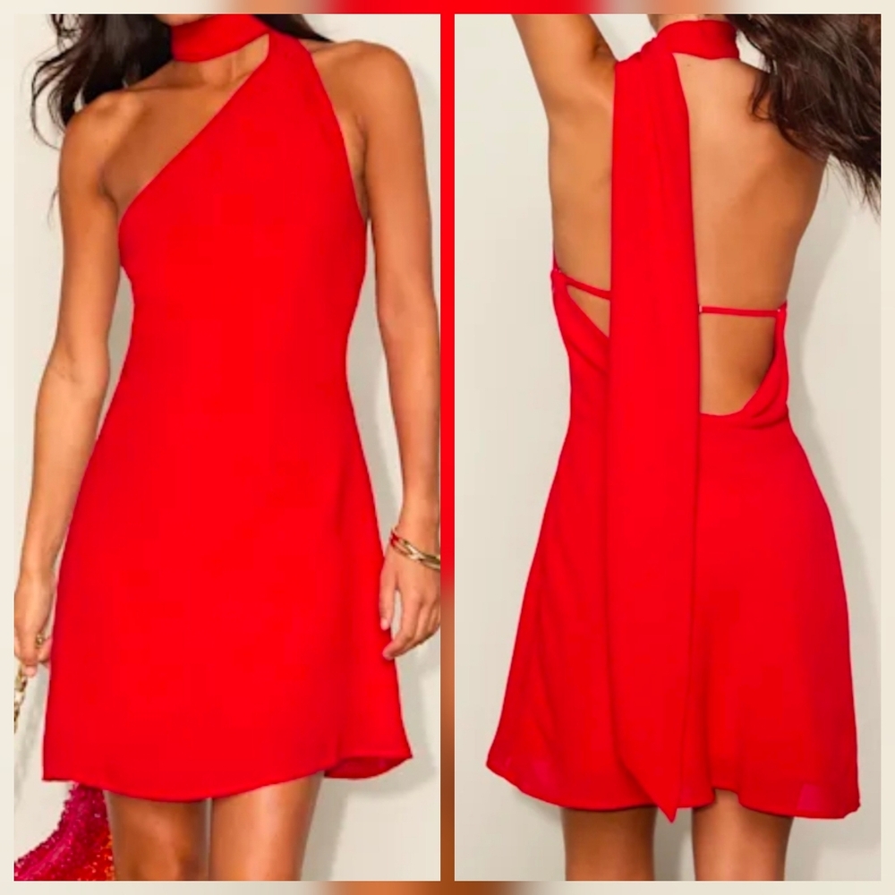 Lulu's Red One-Shoulder Mini Dress with Draped Back Scarf